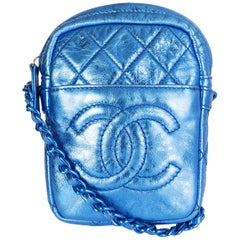 Chanel metallic blue MODERN CHAIN SMALL CAMERA Crossbody Shoulder Bag