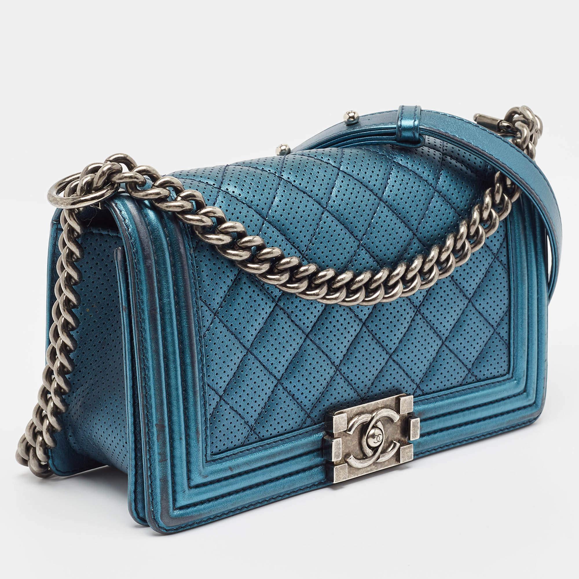 Chanel Metallic Blue Perforated Quilted Leather Medium Boy Flap Bag In Good Condition In Dubai, Al Qouz 2