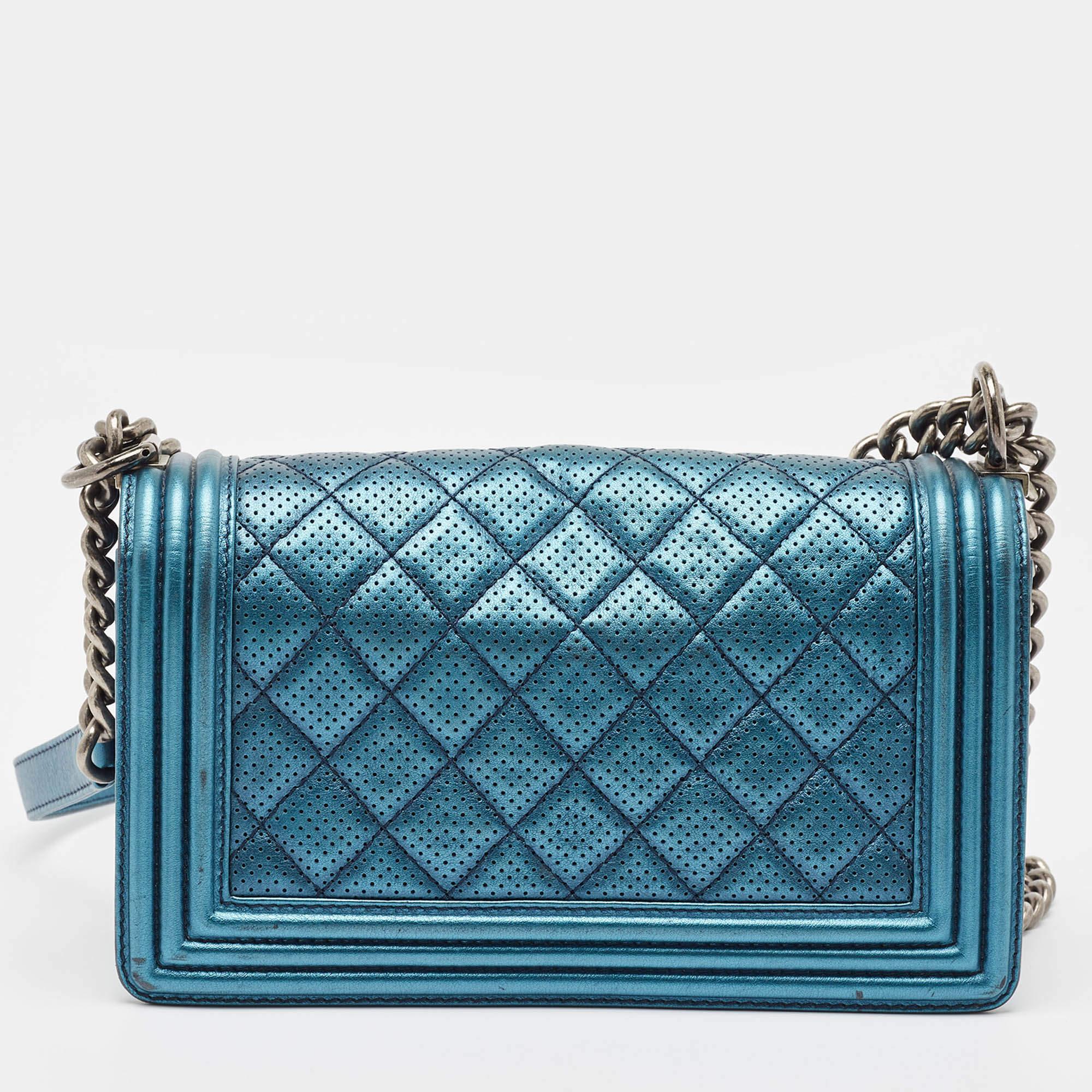 Women's Chanel Metallic Blue Perforated Quilted Leather Medium Boy Flap Bag