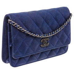 Chanel Metallic Blue Quilted Grained Leather WOC Wallet On Chain Bag
