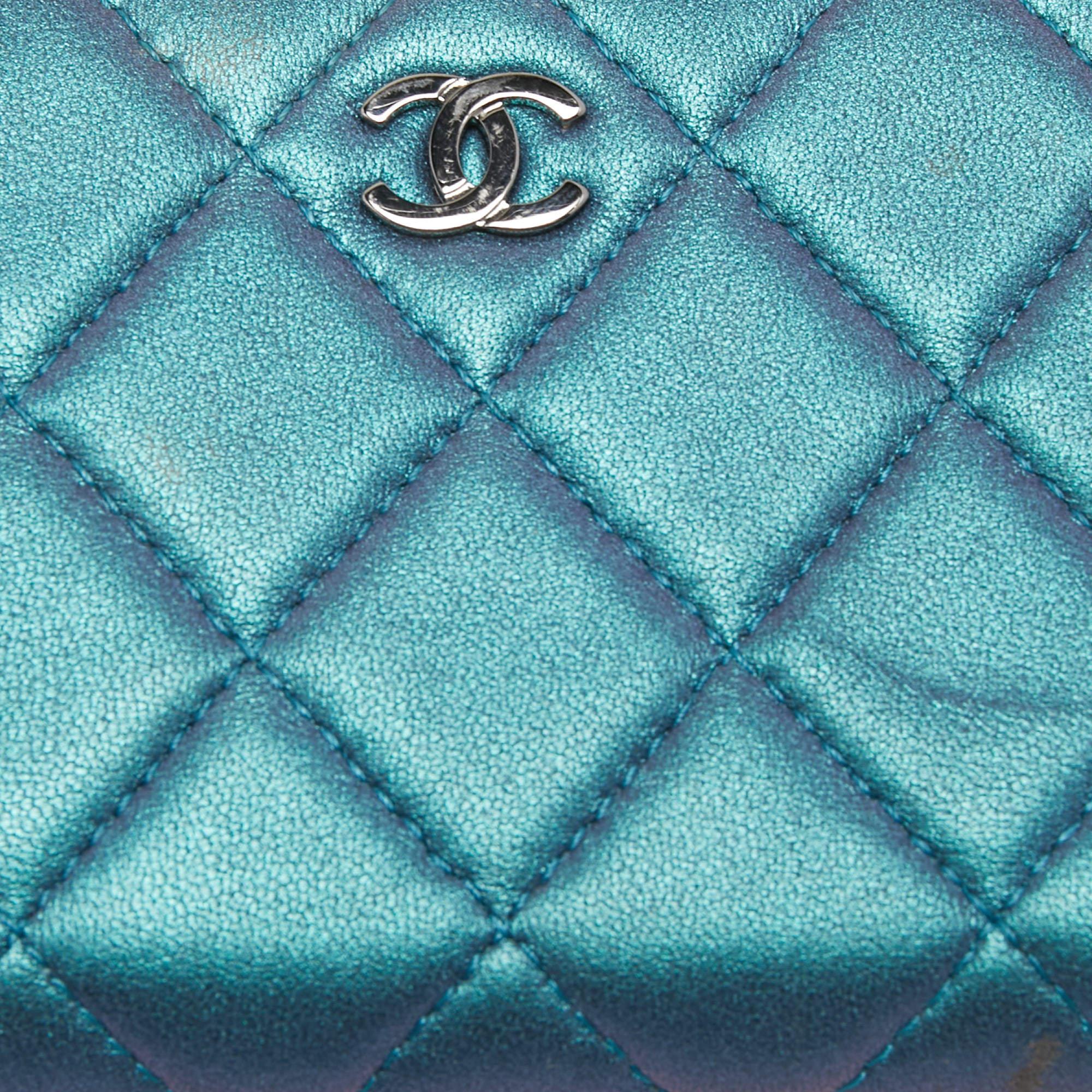 Chanel Metallic Blue Quilted Leather Classic Zip Wallet For Sale 5
