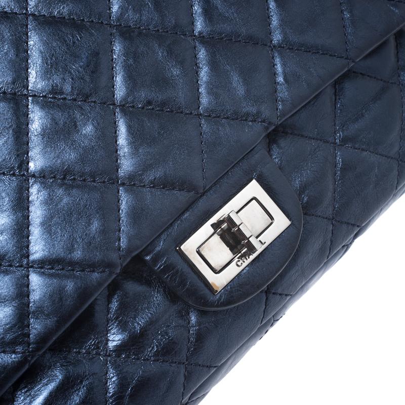 Chanel Metallic Blue Quilted Leather Reissue 2.55 Classic 228 Flap Bag In Good Condition In Dubai, Al Qouz 2