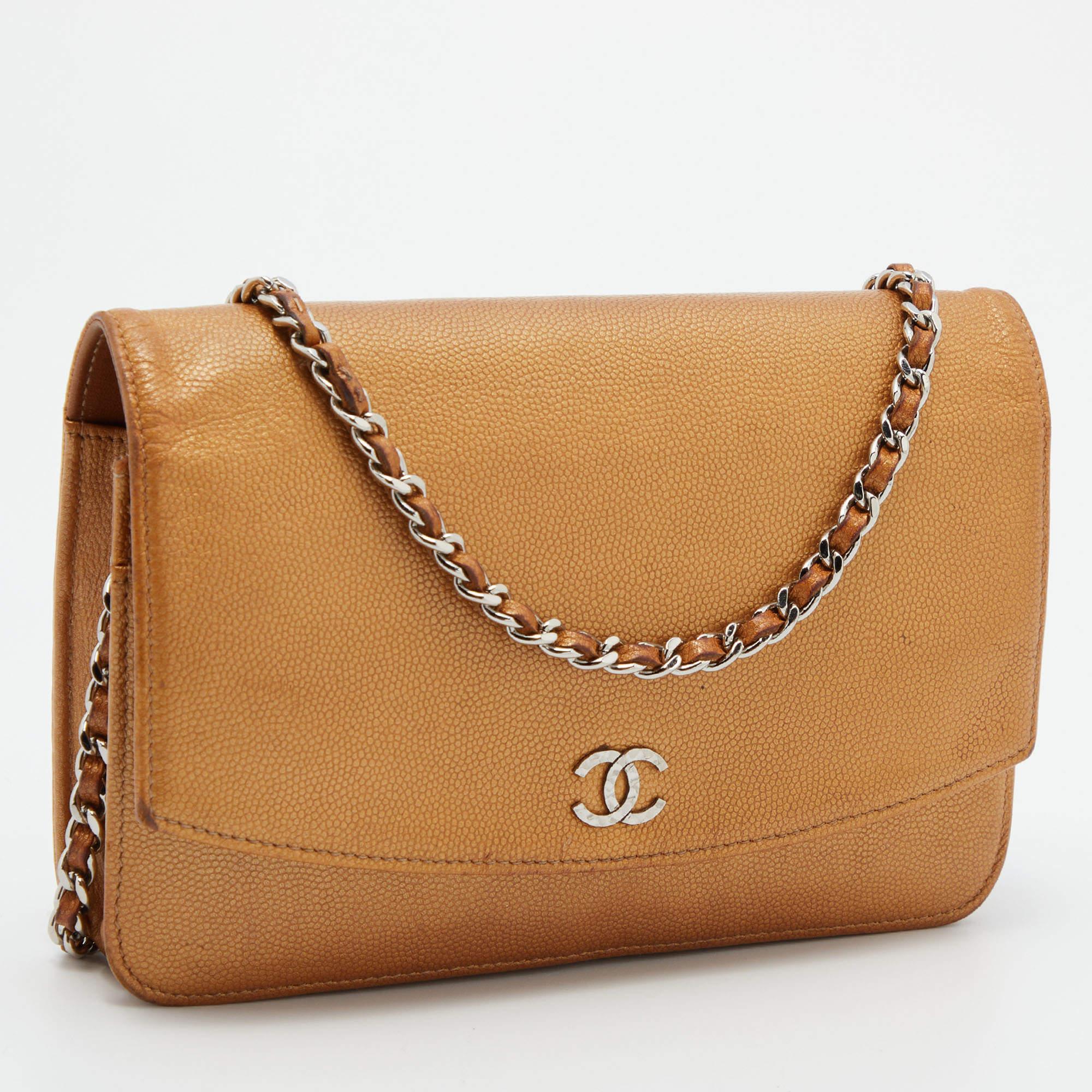 Women's Chanel Metallic Bronze Caviar Leather Sevruga Wallet on Chain