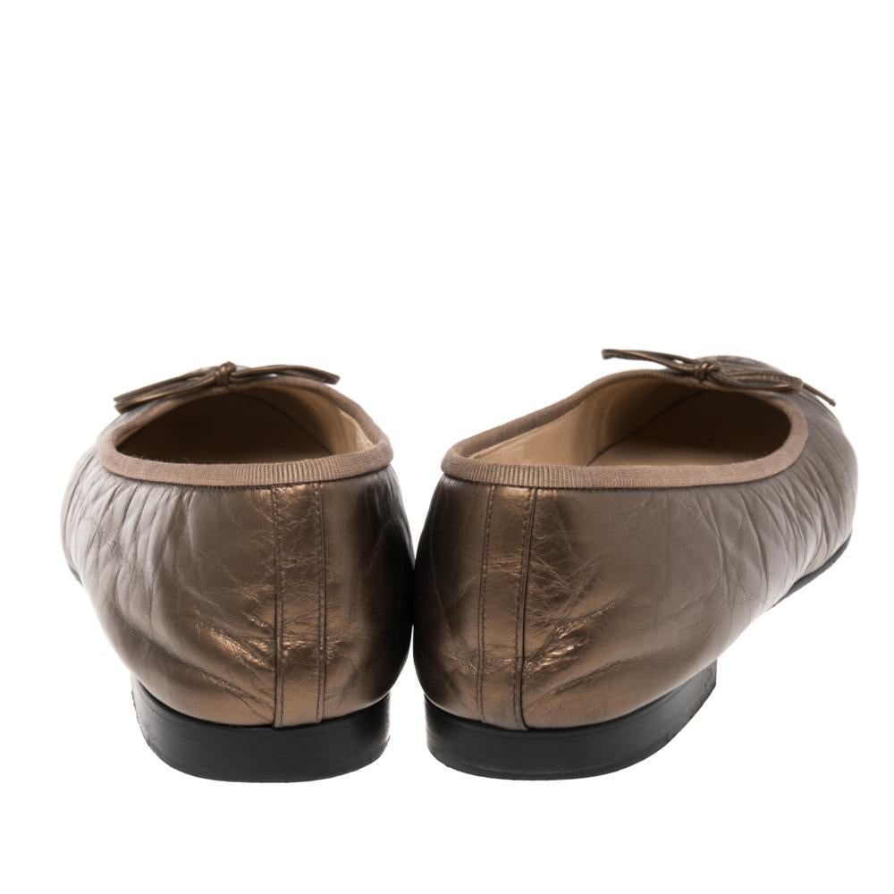 Brown Chanel Metallic Bronze Leather CC Cap Toe Ballet Flats Size 41.5