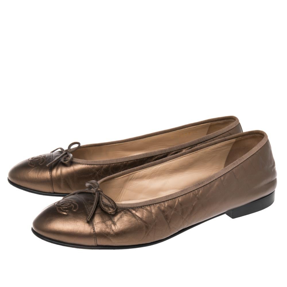 Chanel Metallic Bronze Leather CC Cap Toe Ballet Flats Size 41.5 2