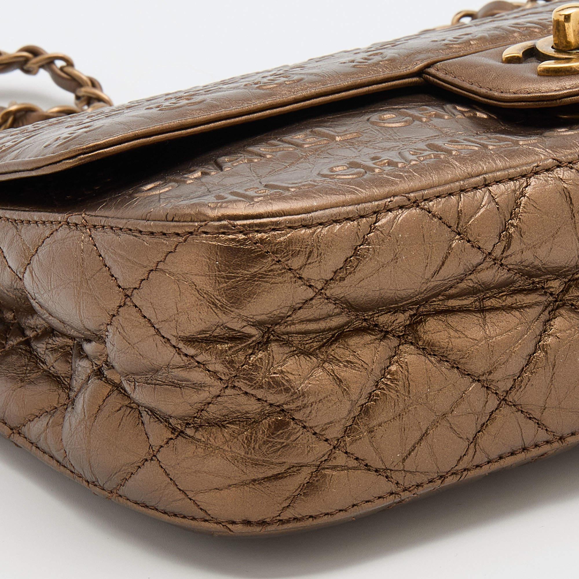 Chanel Metallic Bronze Leather Logo Embossed Flap Bag 7