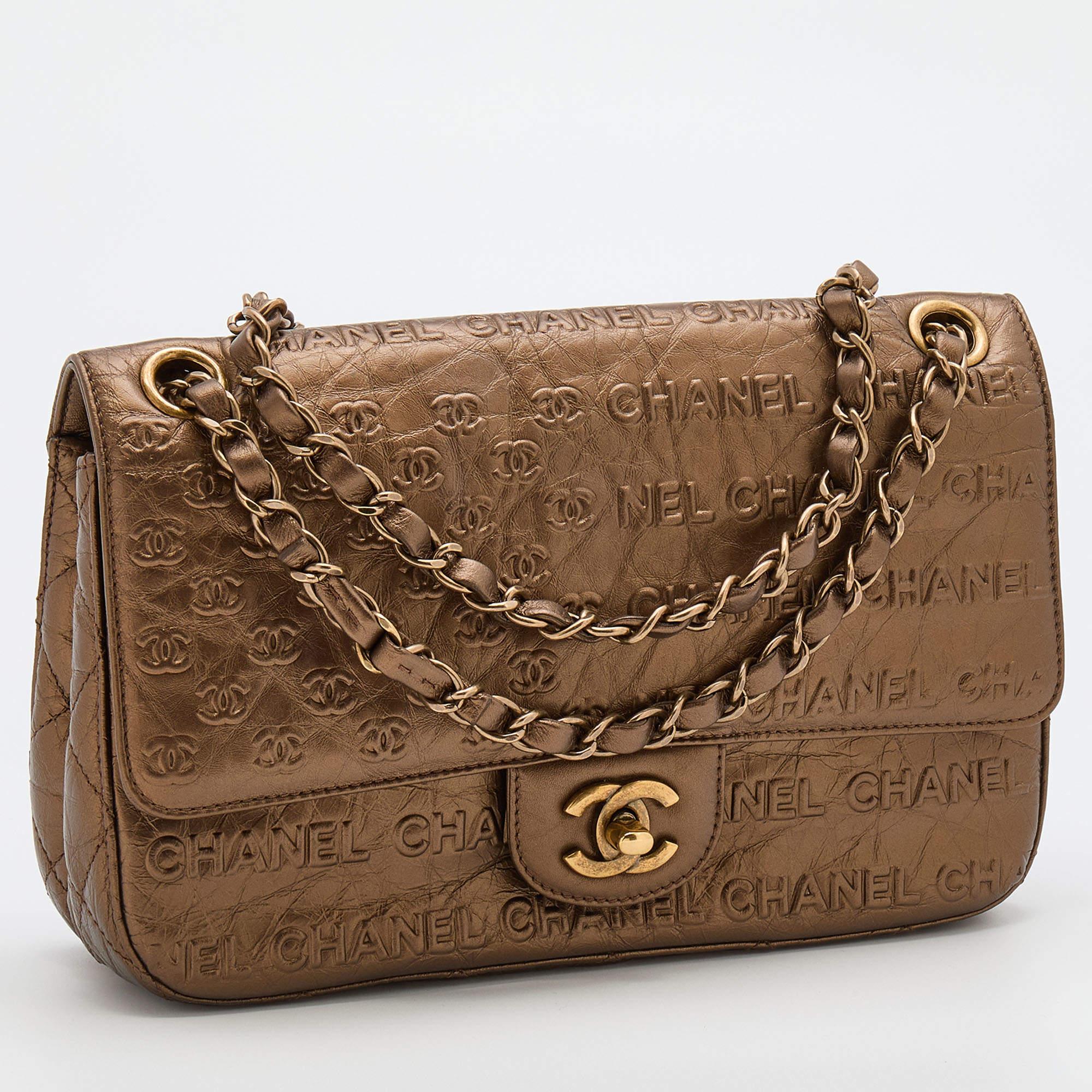 Women's Chanel Metallic Bronze Leather Logo Embossed Flap Bag