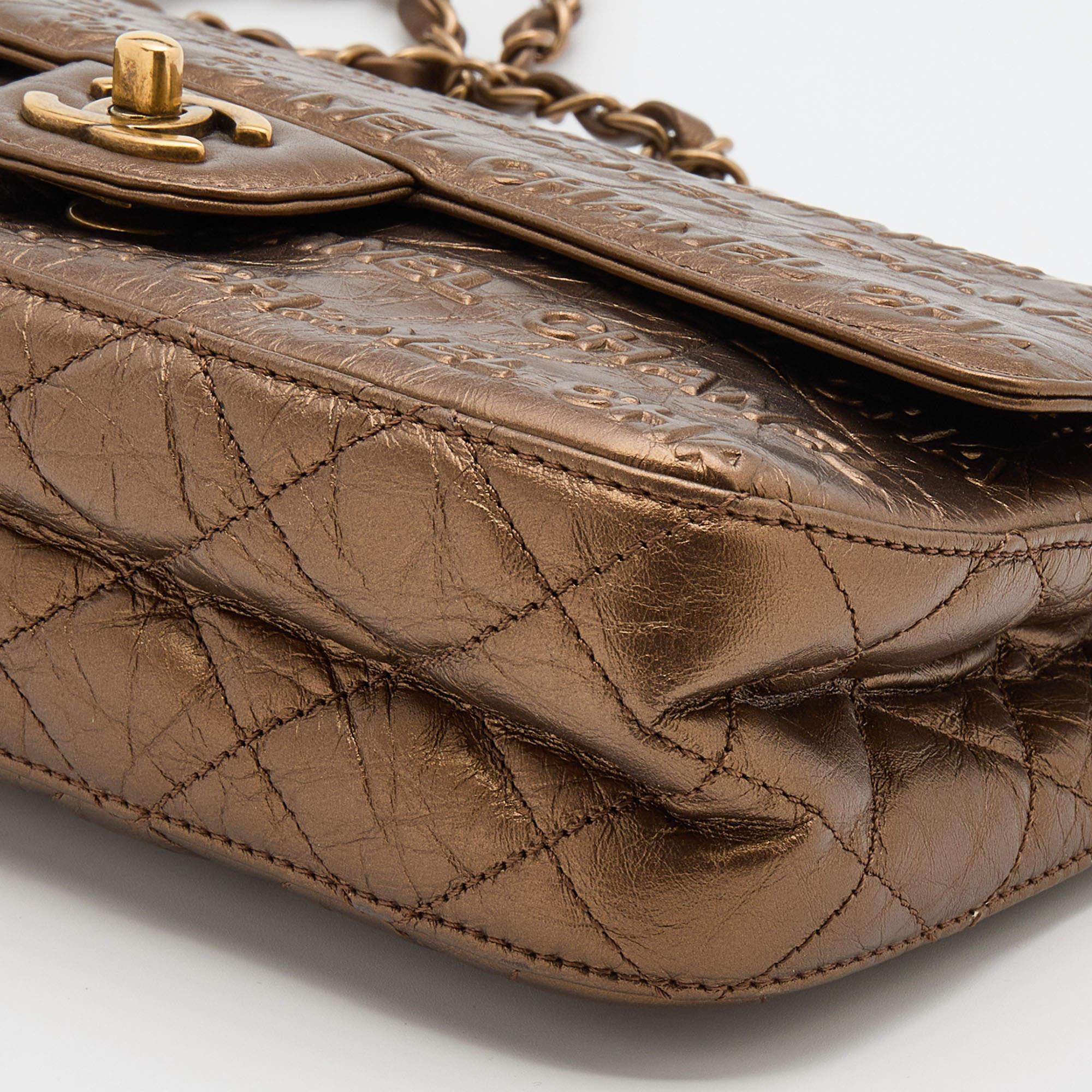 Chanel Metallic Bronze Leather Logo Embossed Flap Bag 2