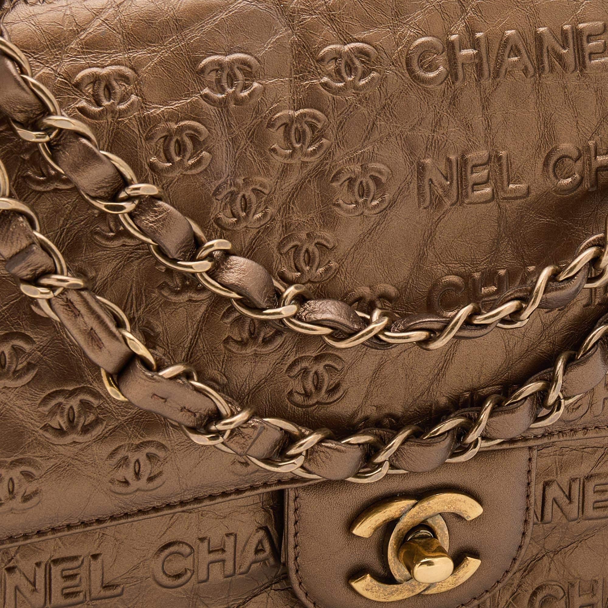 Chanel Metallic Bronze Leather Logo Embossed Flap Bag 3