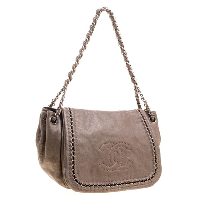 Chanel Metallic Bronze Leather Luxe Ligne Accordion Flap Bag For