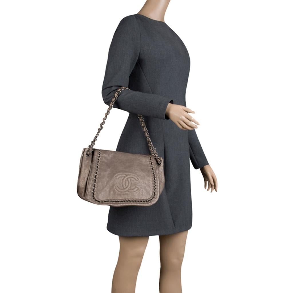 Brown Chanel Metallic Bronze Leather Luxe Ligne Accordion Flap Bag