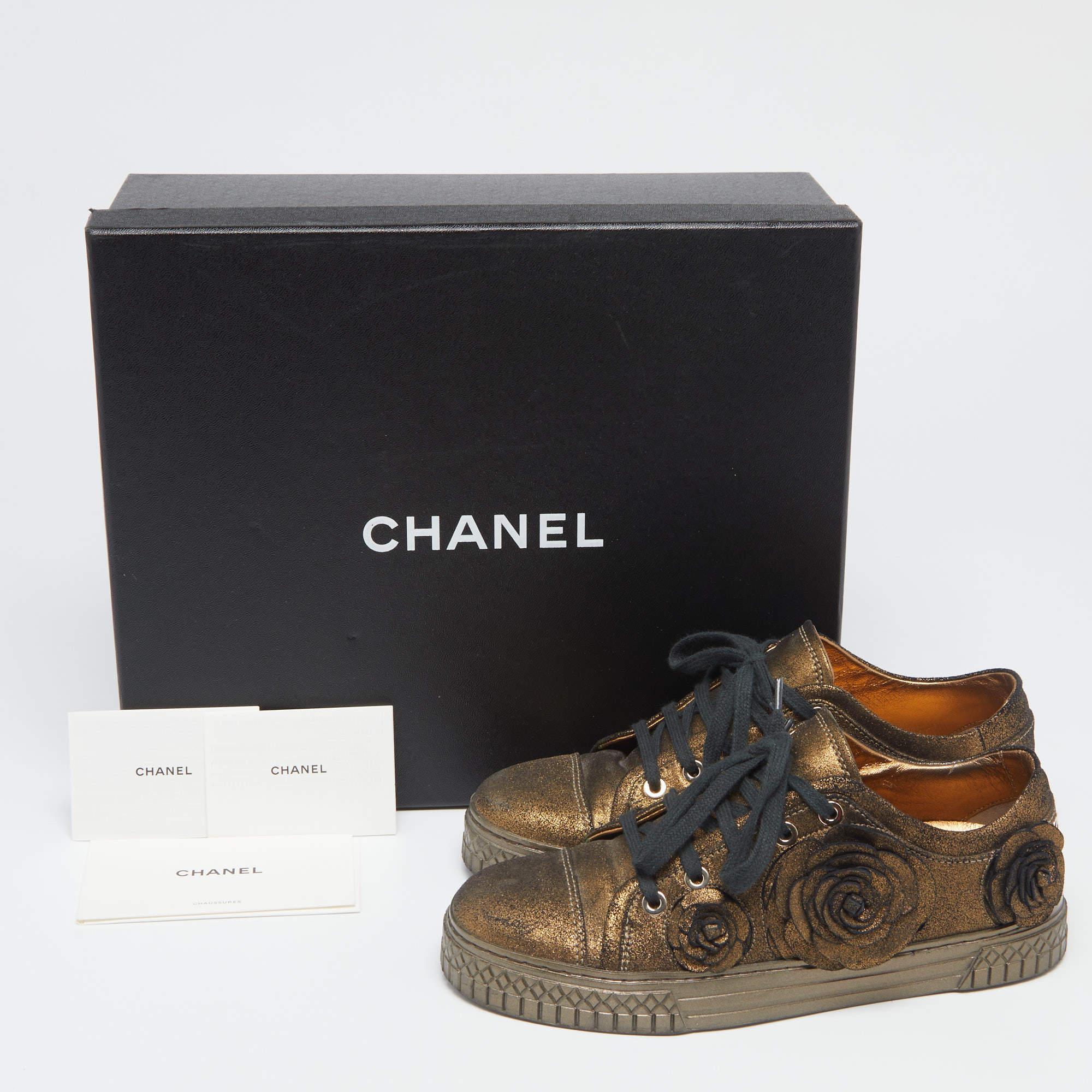 Chanel Metallic Bronze Nubuck Leather Camellia Lace Up Sneakers Size 35 5