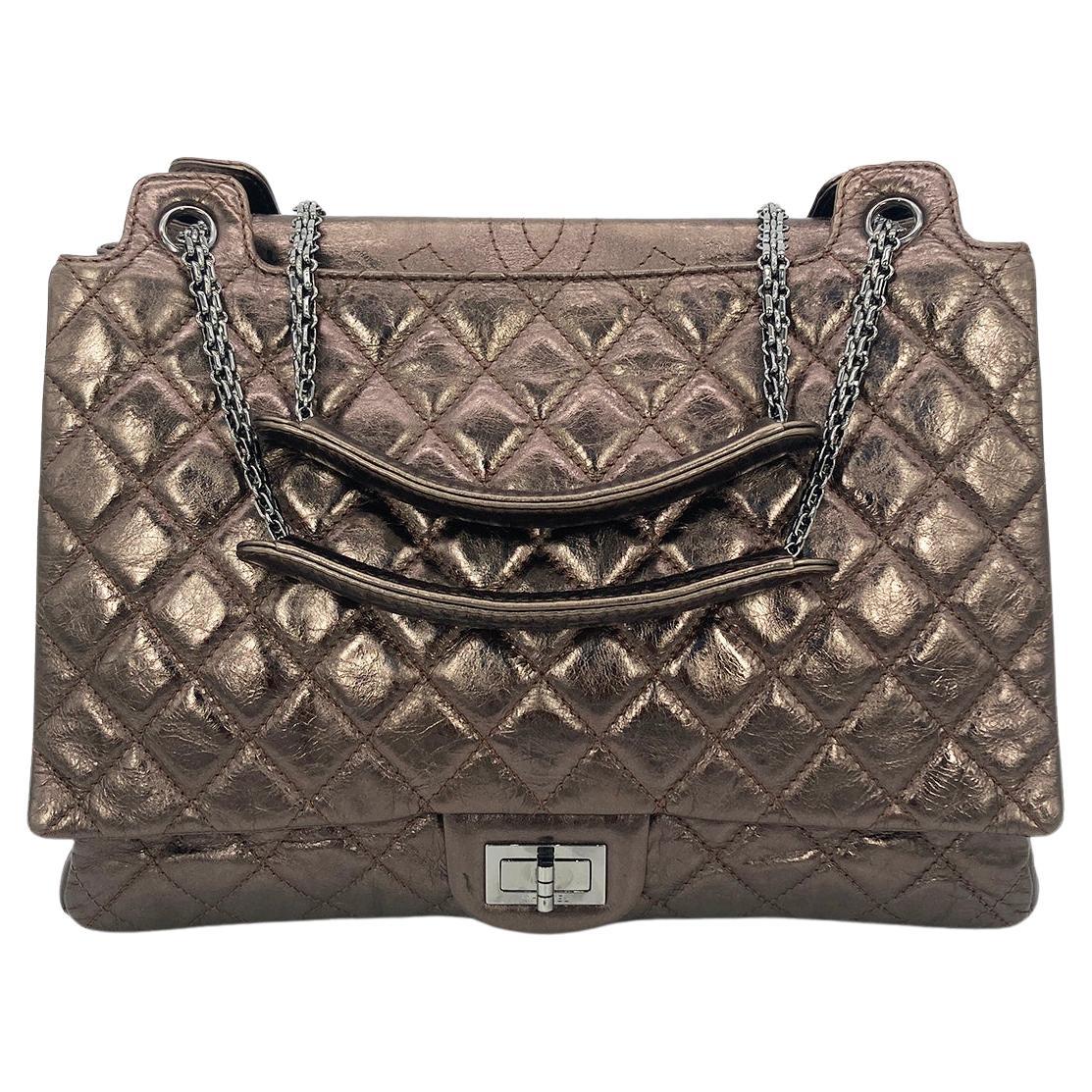 Chanel Metallic Bronze Quilted Leather Classic Flap Shopping Tote For Sale