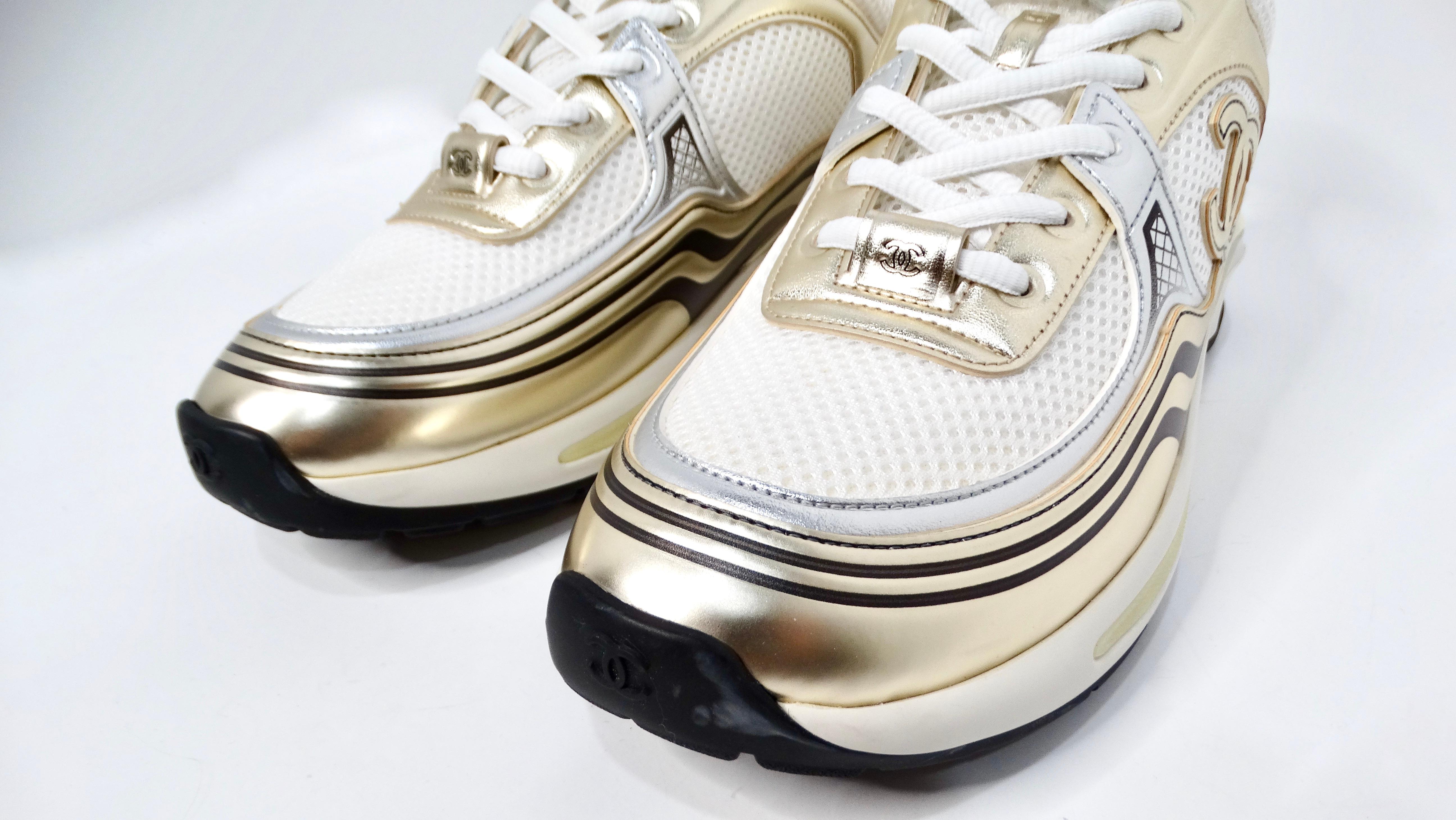Beige Chanel Metallic Calfskin Stretch Interlocking CC Low-Top Sneakers