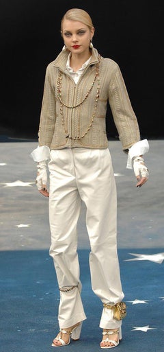 Chanel Metallic Chain Trim Beige Knit Jacket