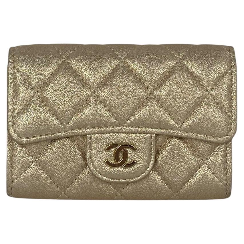 Chanel Metallic Champagne Gold Lambskin Leather Quilted Flap Card Holder Wallet For Sale