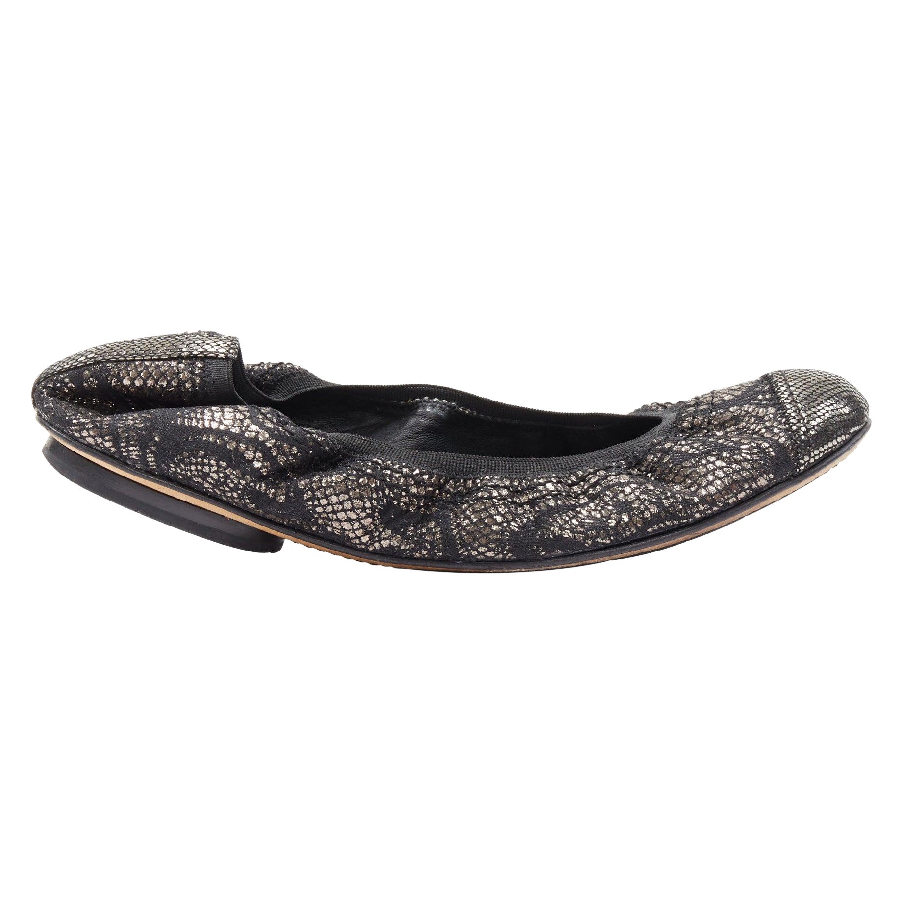 CHANEL metalizado cobre negro estampado elástico bailarinas planas EU36.5C