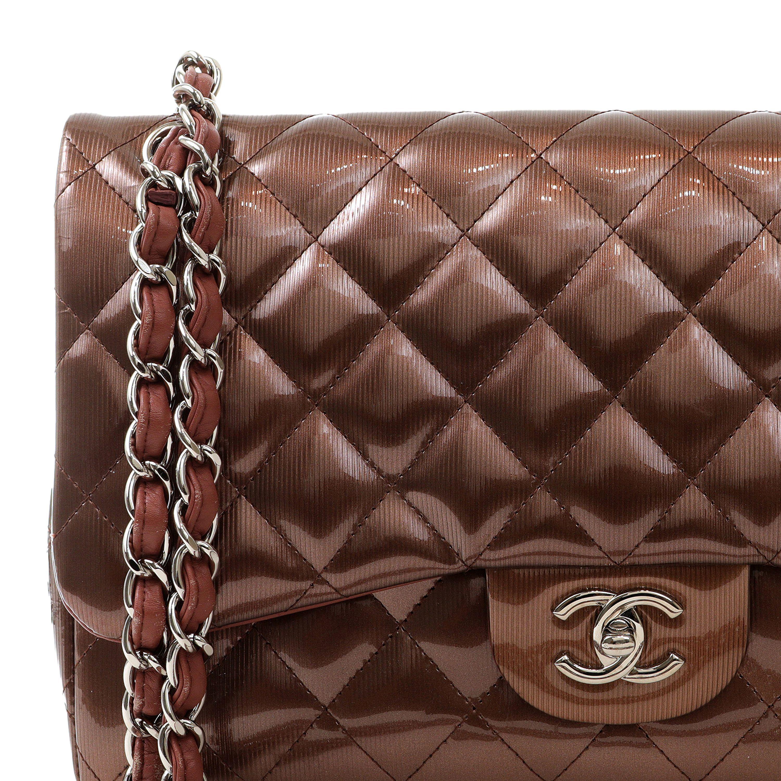 Brown Chanel Metallic Copper Patent Leather Jumbo Classic with Silver Hardware For Sale