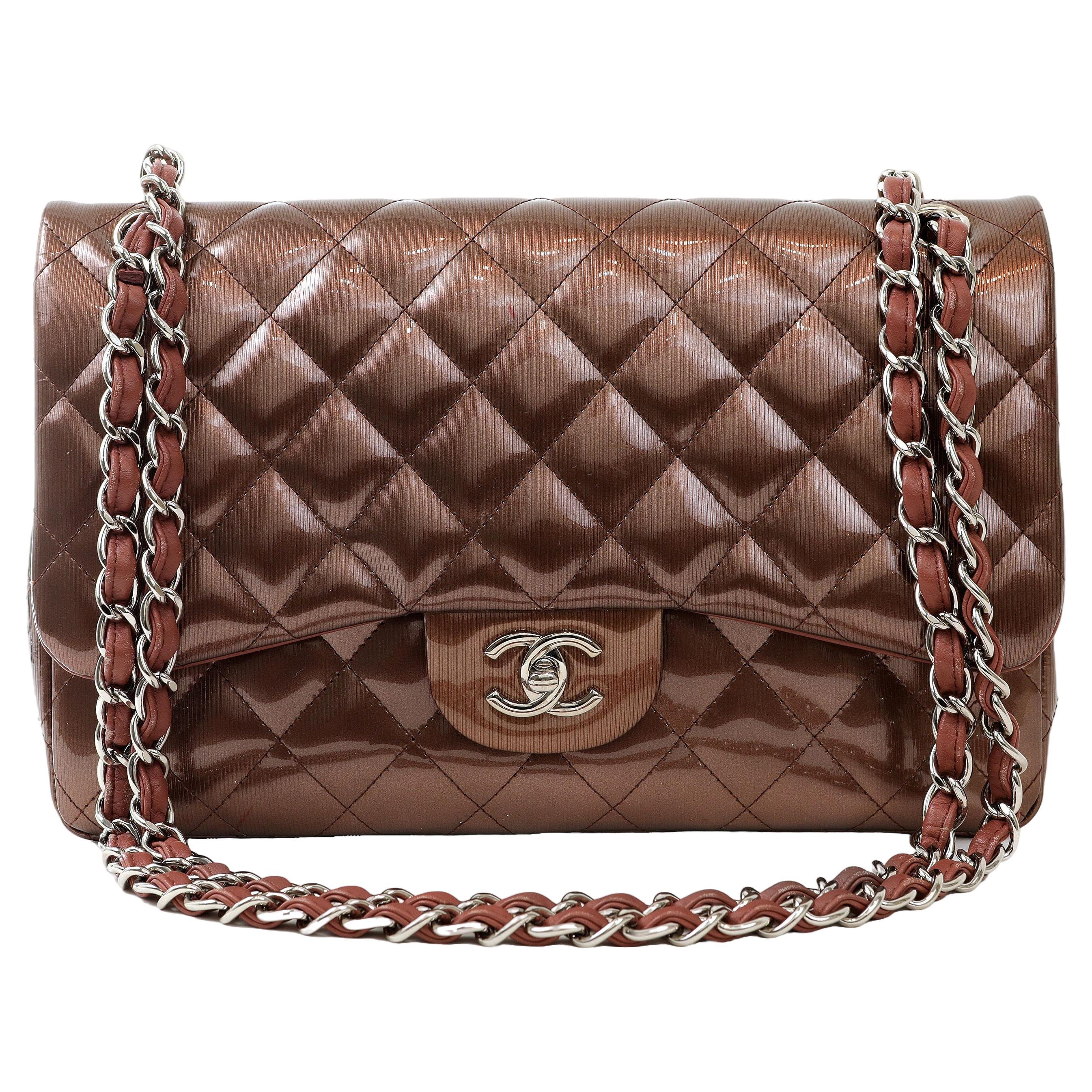 Chanel Metallic Copper Patent Leather Jumbo Classic with Silver Hardware For Sale