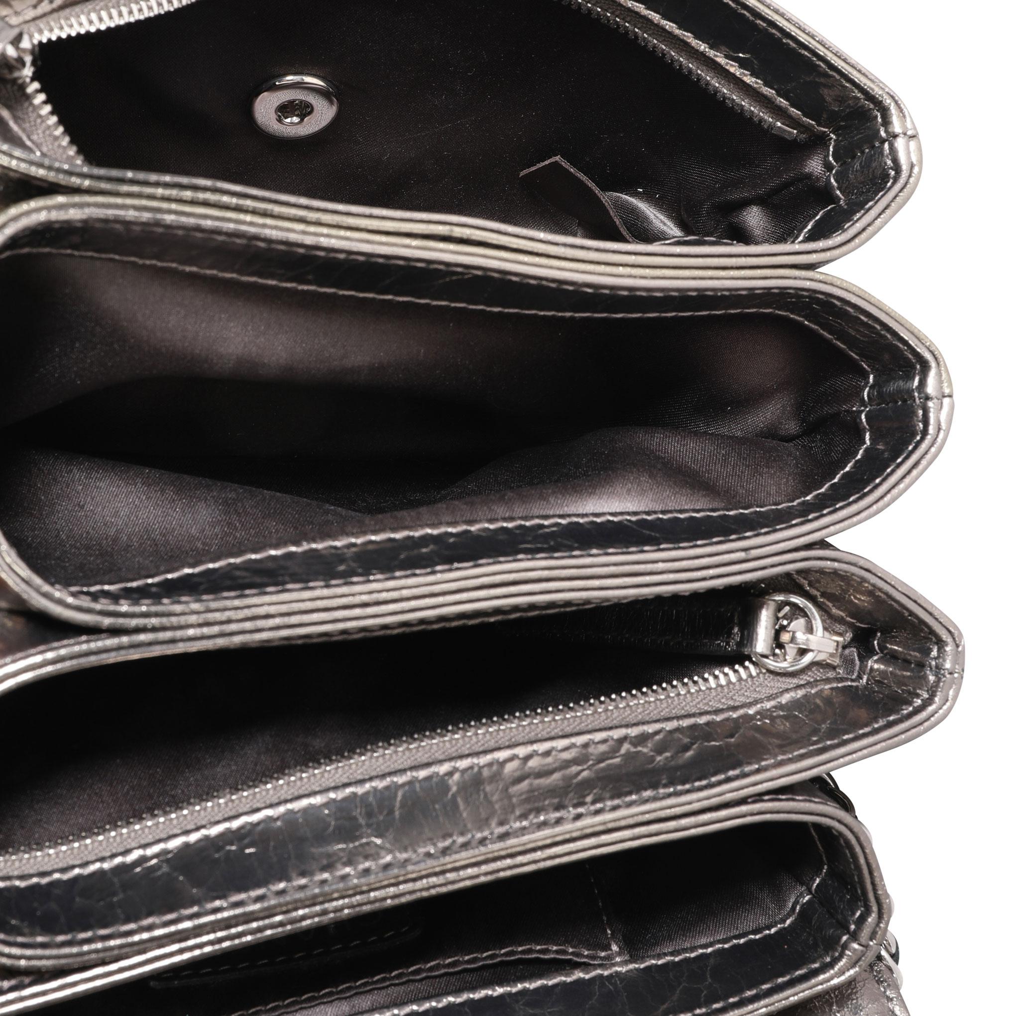 Gray Chanel Metallic Cracked Leather Clams Pocket Accordion Flap Bag