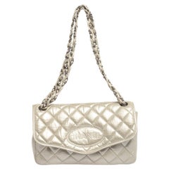 Chanel Metallic Cream Quilted Leather Logo Flap Bag