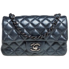 Chanel Metallic Dark Blue Quilted Leather New Mini Classic Single Flap Bag