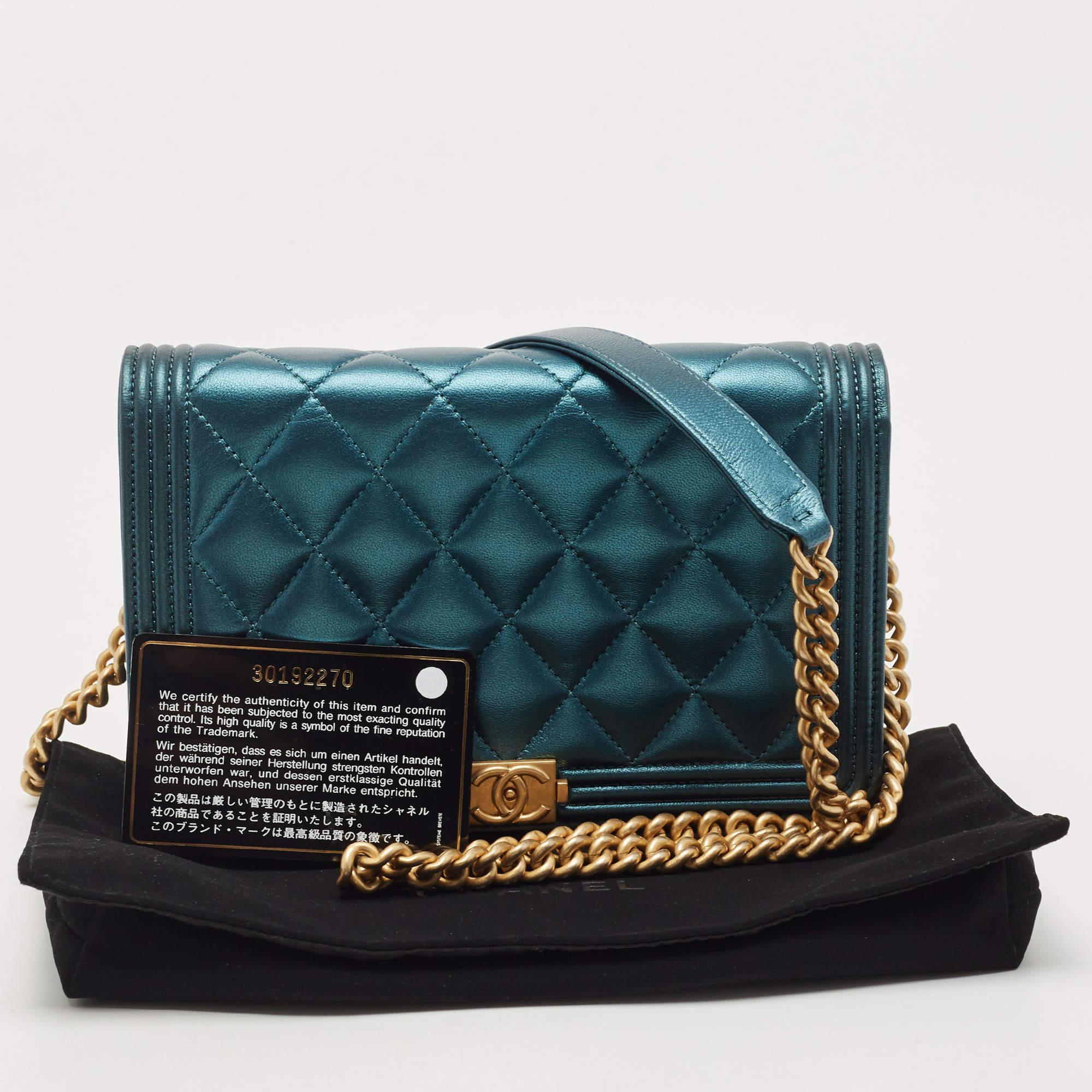 Chanel Metallic Dark Green Quilted Leather Boy WOC Bag 11