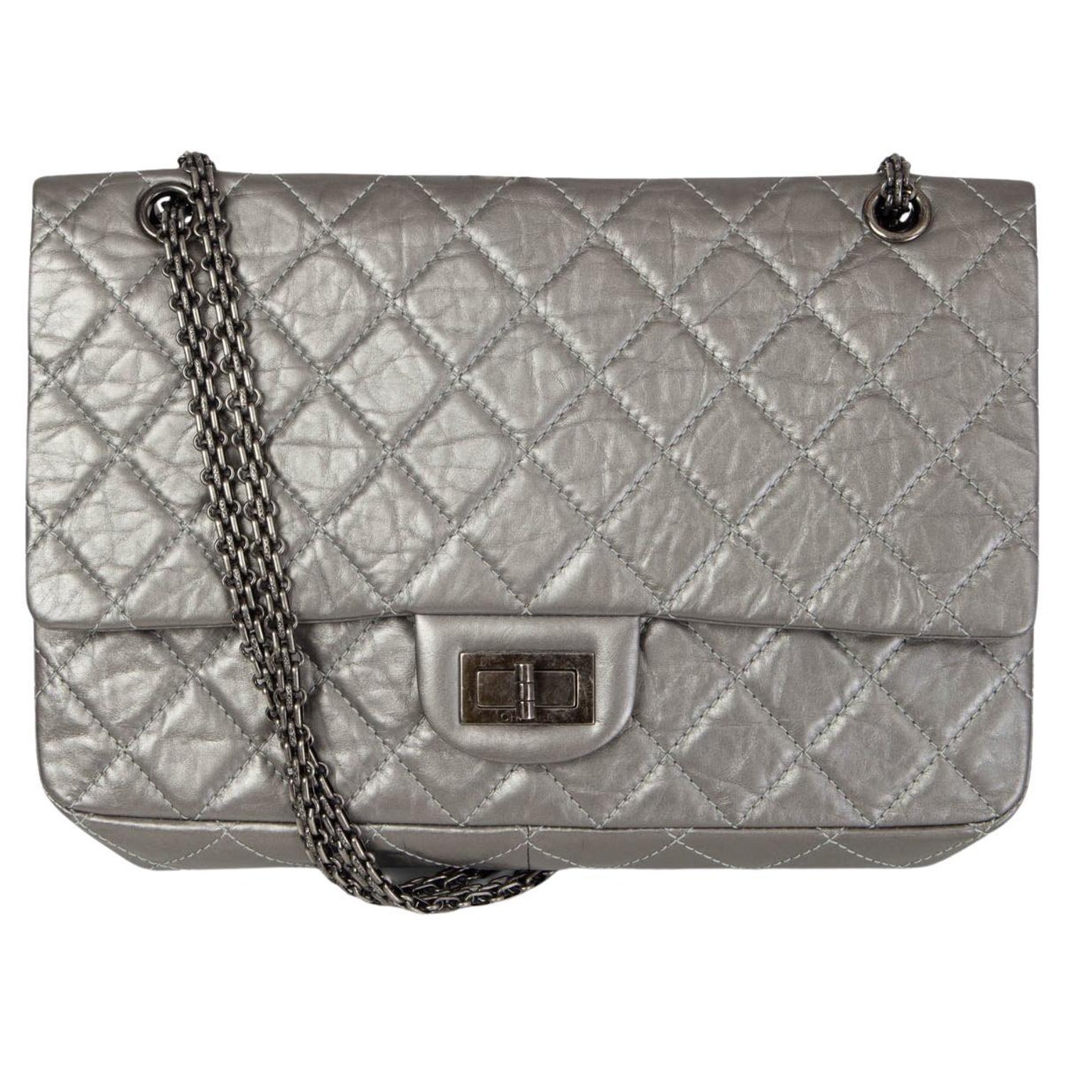 CHANEL metallic dark silver quilted leather  REISSUE 227 MAXI Shoulder  Bag For Sale at 1stDibs