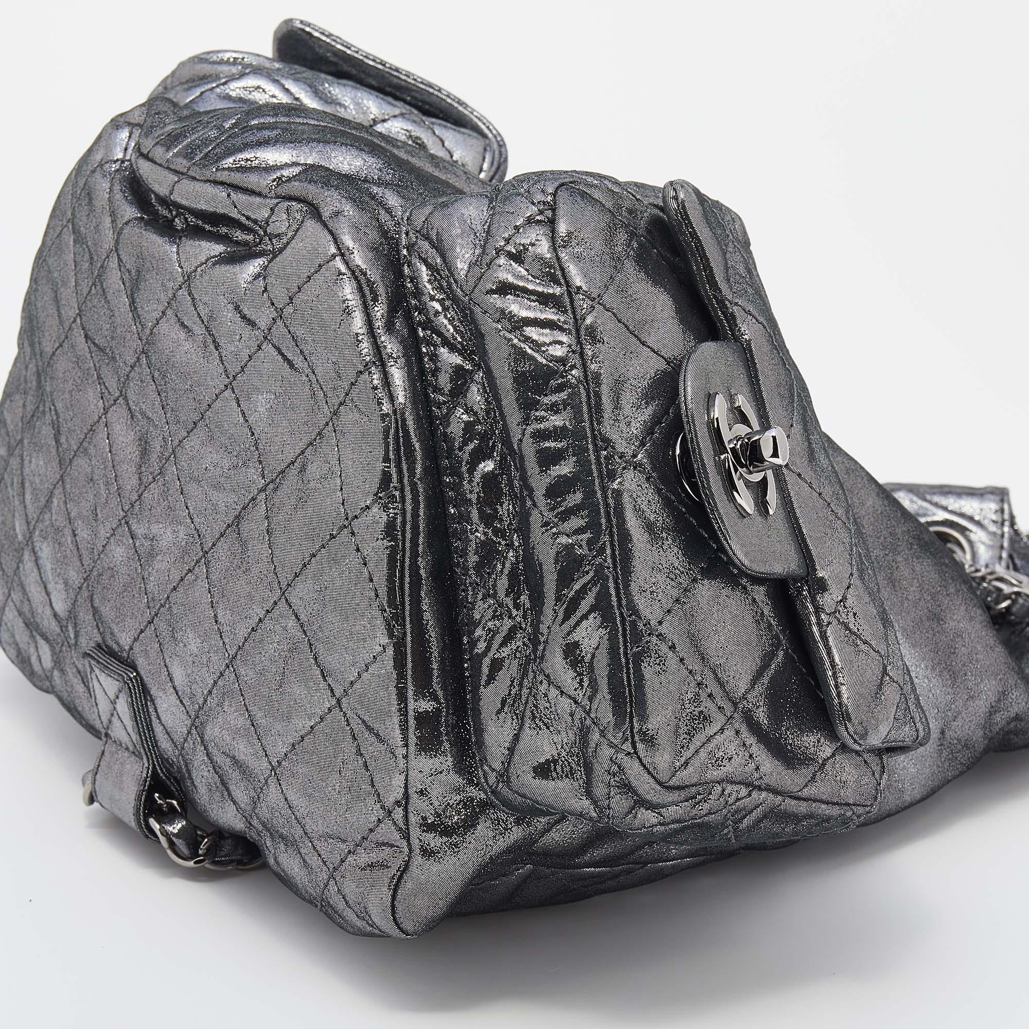 Chanel Metallic Dark Silver Quilted Leather Large Backpack is Back Backpack 6