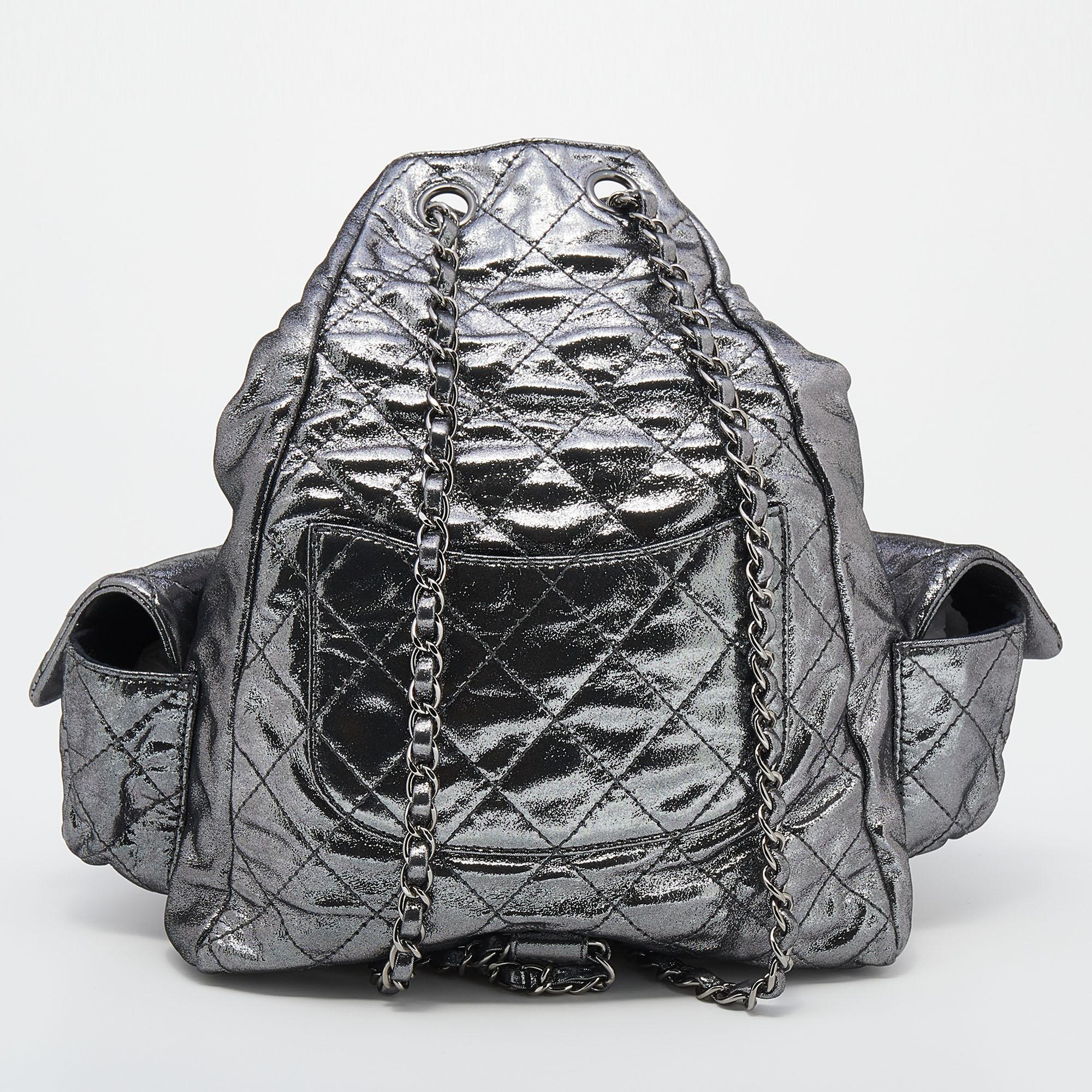 Inspiring and revolutionary designs mark the identity of Chanel. This Backpack is Back backpack is from the Fall 2012 collection and exemplifies faultless construction. Created from leather with quilted detailing, the front flap pockets of the bag
