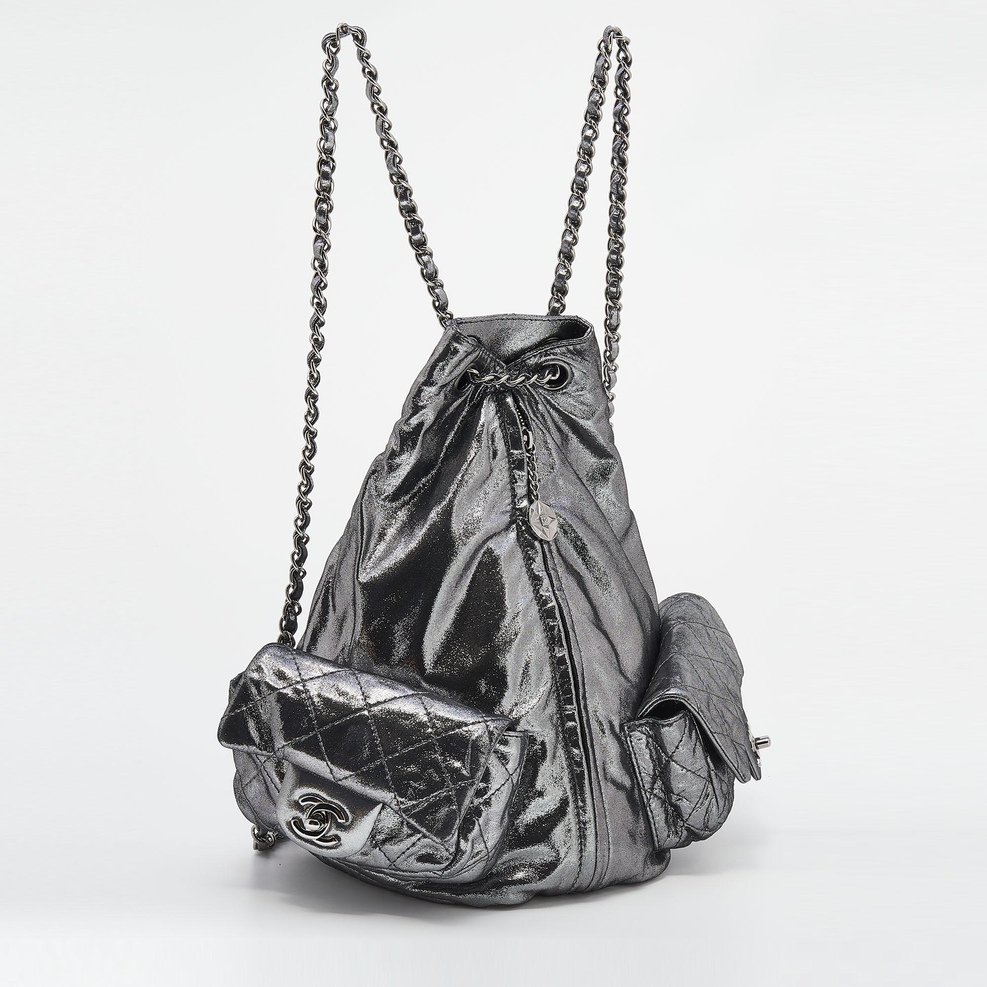 Women's Chanel Metallic Dark Silver Quilted Leather Large Backpack is Back Backpack