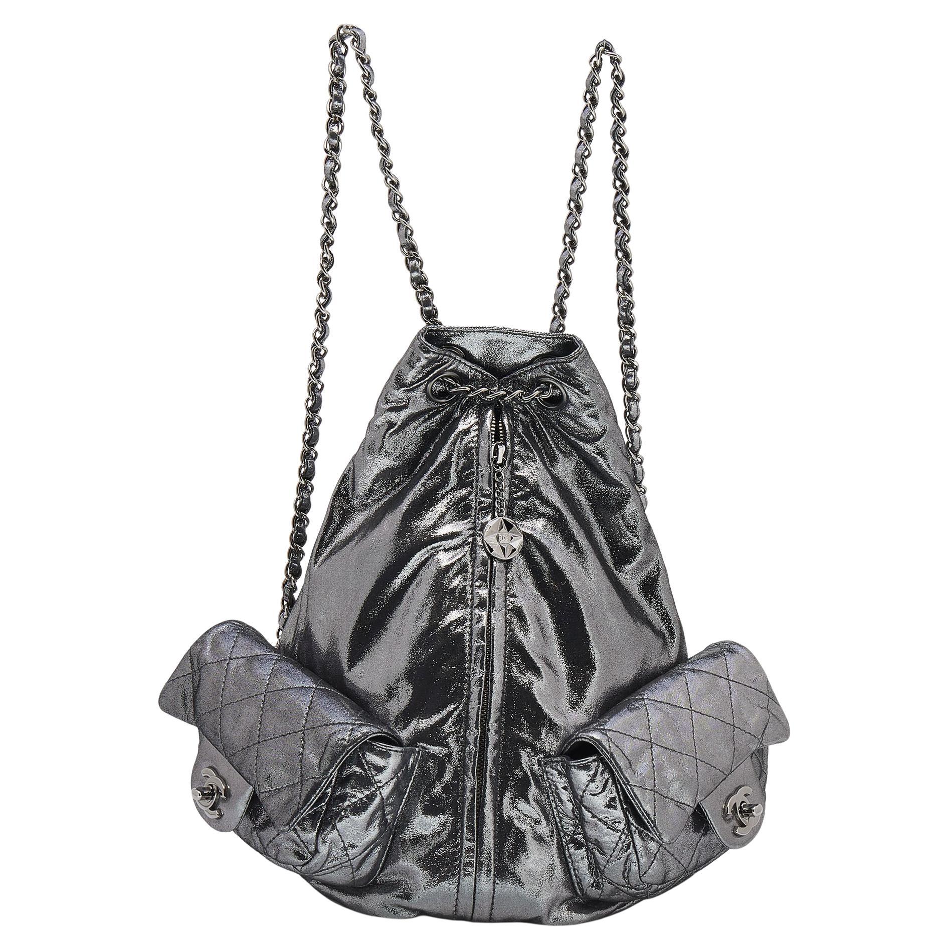 Chanel Metallic Dark Silver Quilted Leather Large Backpack is Back Backpack