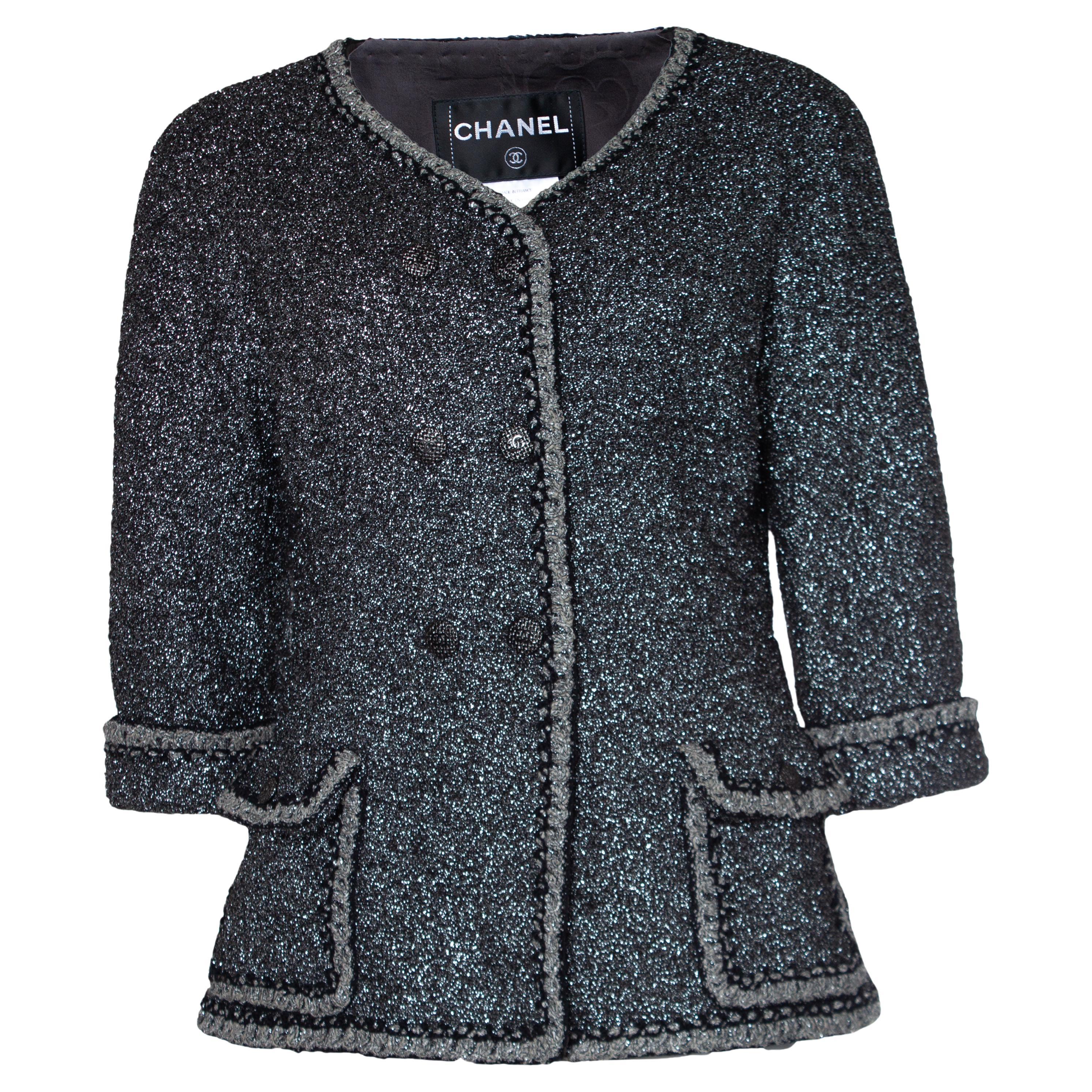 Chanel, Metallic double breasted silver tweed jacket with silver CC buttons