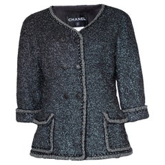 Chanel, Metallic double breasted silver tweed jacket with silver CC buttons