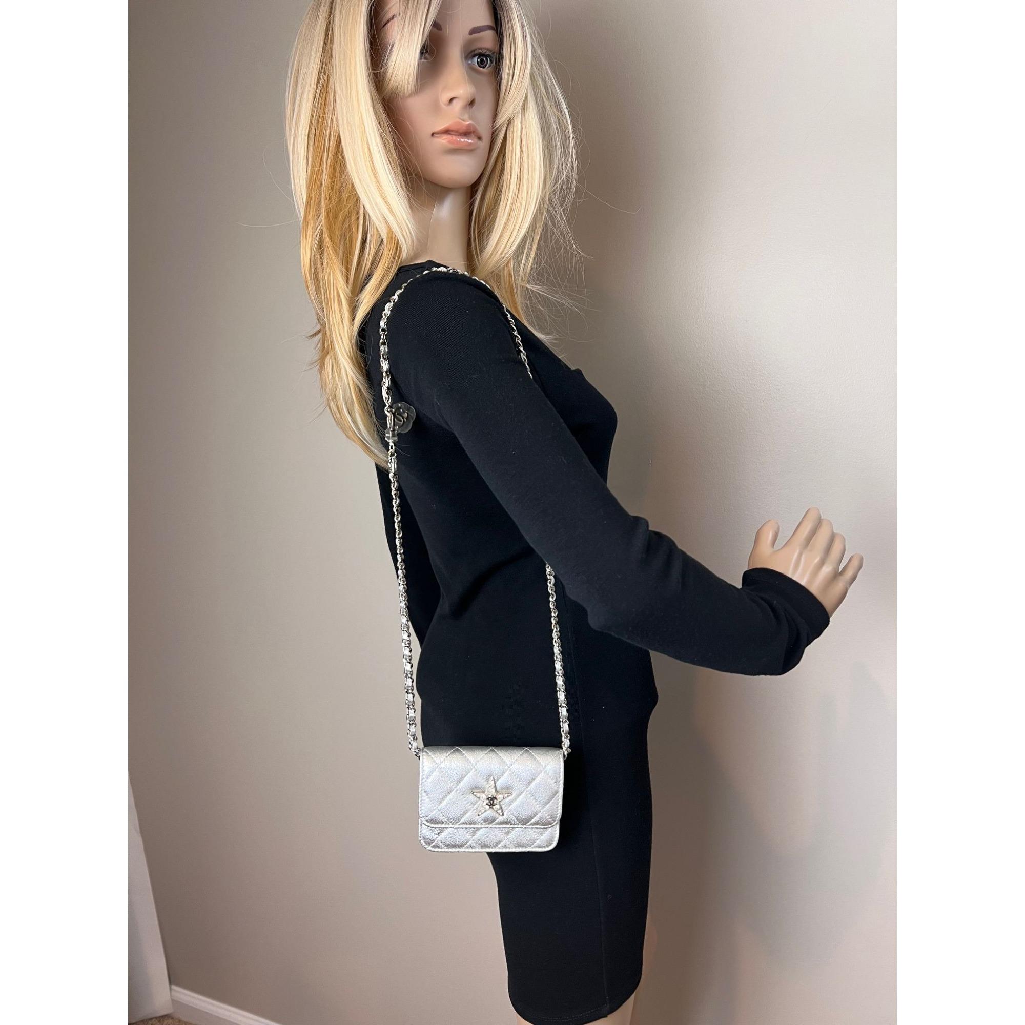 Gray Chanel Metallic Goatskin Quilted Micro Star Flap Waist Belt Shoulder Bag For Sale