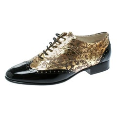 Chanel Metallic Gold And Black Patent Brogue Leather Lace-Up Oxford Size 39.5