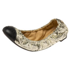 Chanel Metallic Gold/Black Leather Cap Toe Scrunch Ballet Flats Size 37