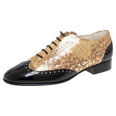 Chanel Metallic Gold/Black Patent Leather Brogue Lace-Up Oxford Size 40