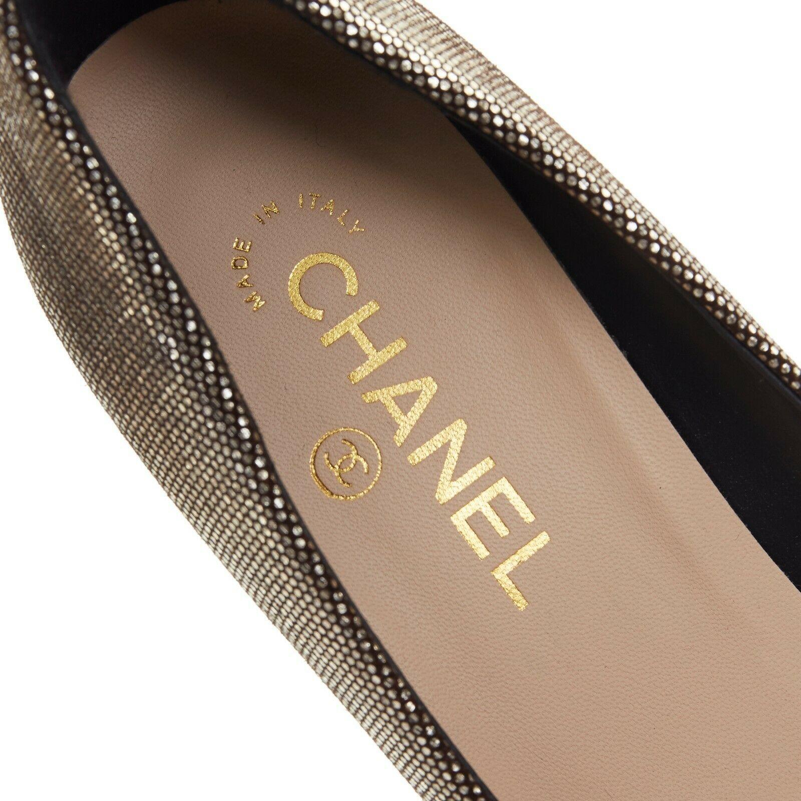 CHANEL metallic gold black toe cap crystal CC logo round toe heel pumps EU40 3
