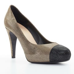 CHANEL metallic gold black toe cap crystal CC logo round toe heel pumps EU40