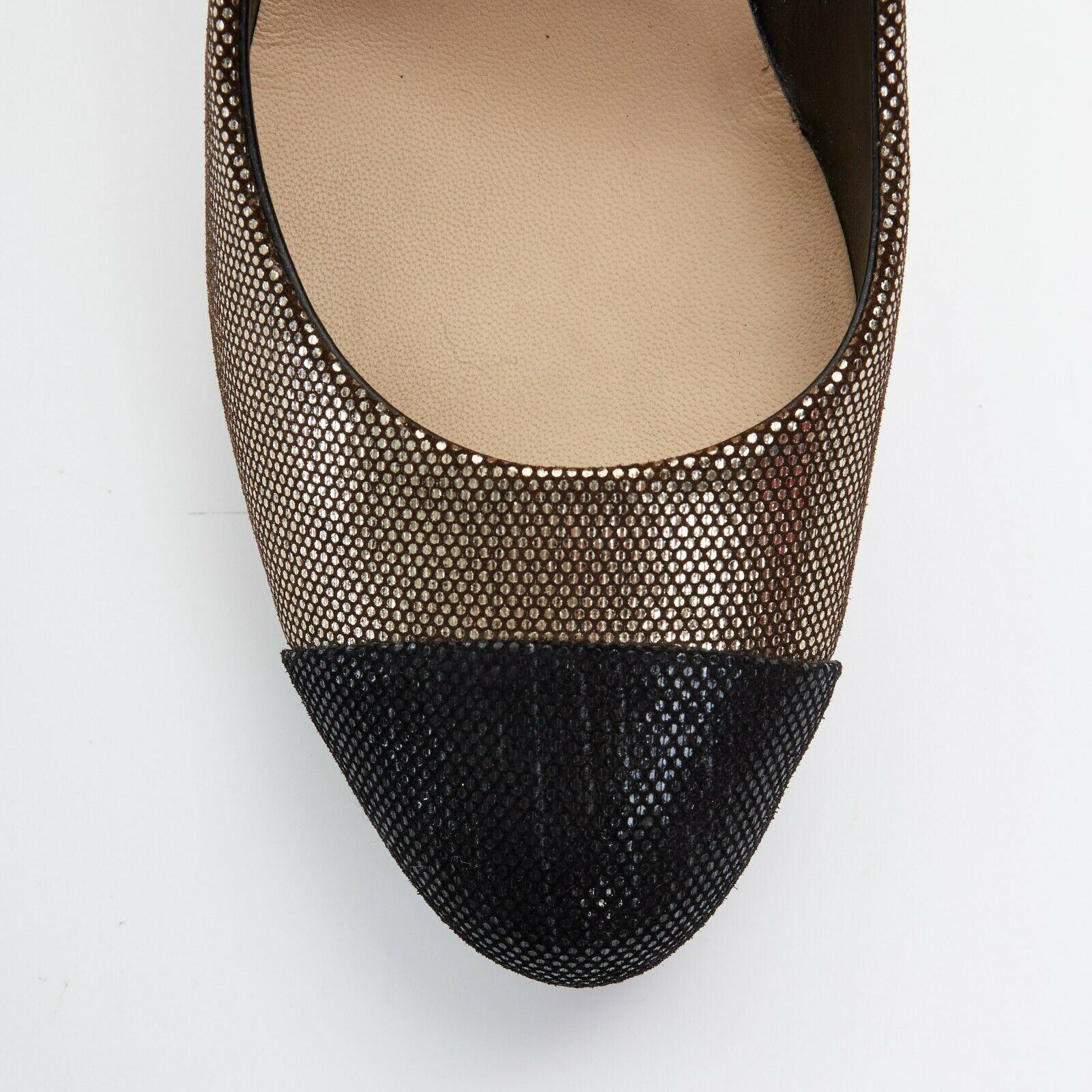 Women's CHANEL metallic gold black toe cap crystal CC logo round toe heel pumps EU40