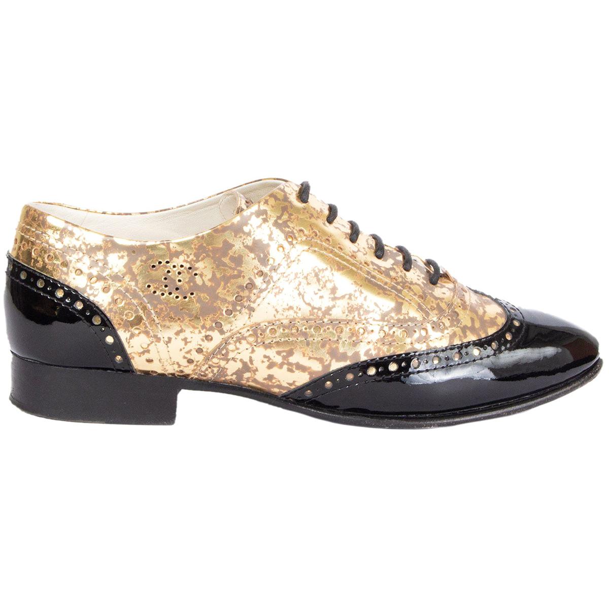 CHANEL metallic gold Brogue Oxford Flats Shoes 39.5