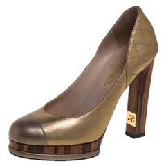 Chanel Metallic Gold/Bronze Quilted Leather CC Platform Pumps Size 39