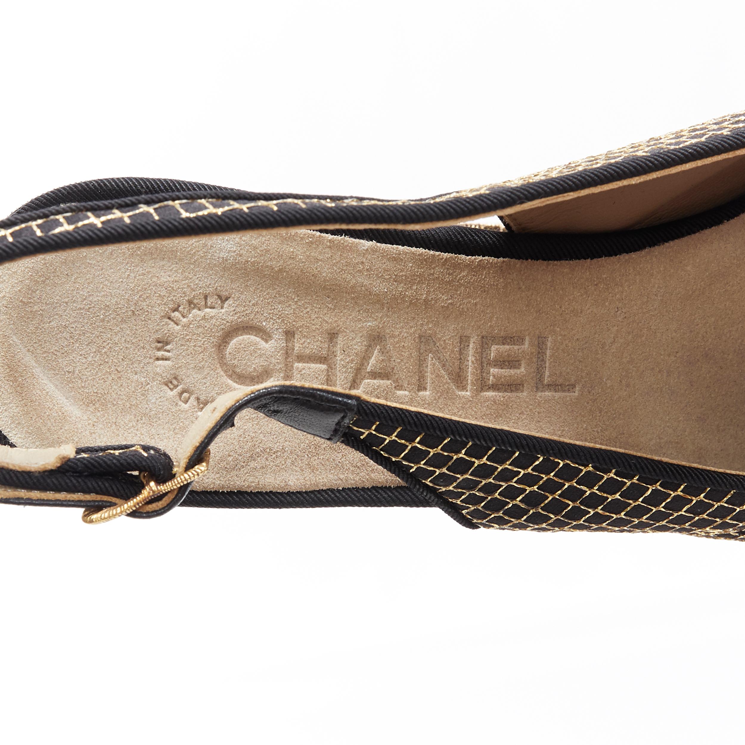 CHANEL metallic gold camellia CC diamond stitch gold chunky heel sling EU35.5 4