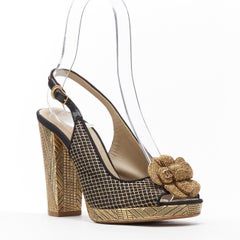 CHANEL metallic gold camellia CC diamond stitch gold chunky heel sling EU35.5