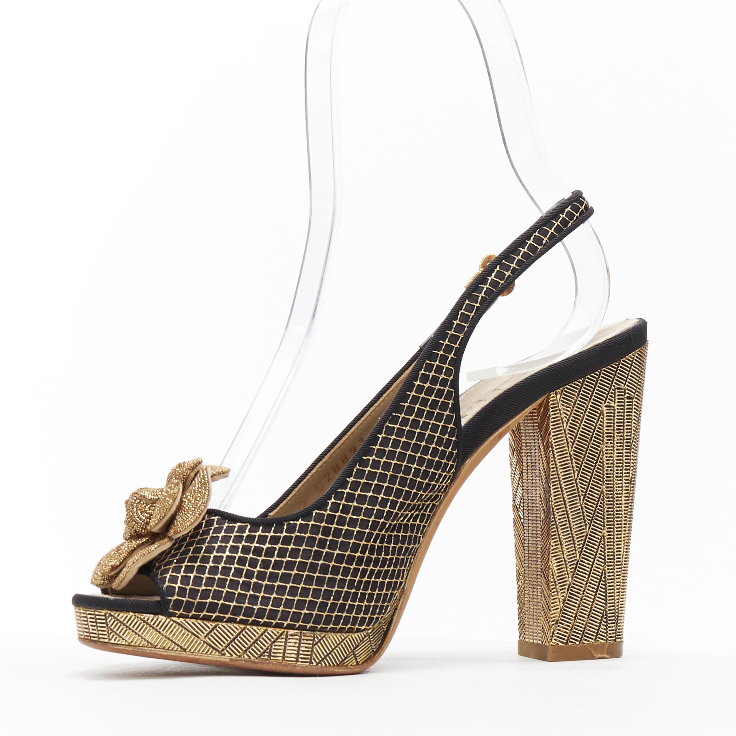 Brown CHANEL metallic gold camellia CC diamond stitch gold chunky heel sling EU35.5