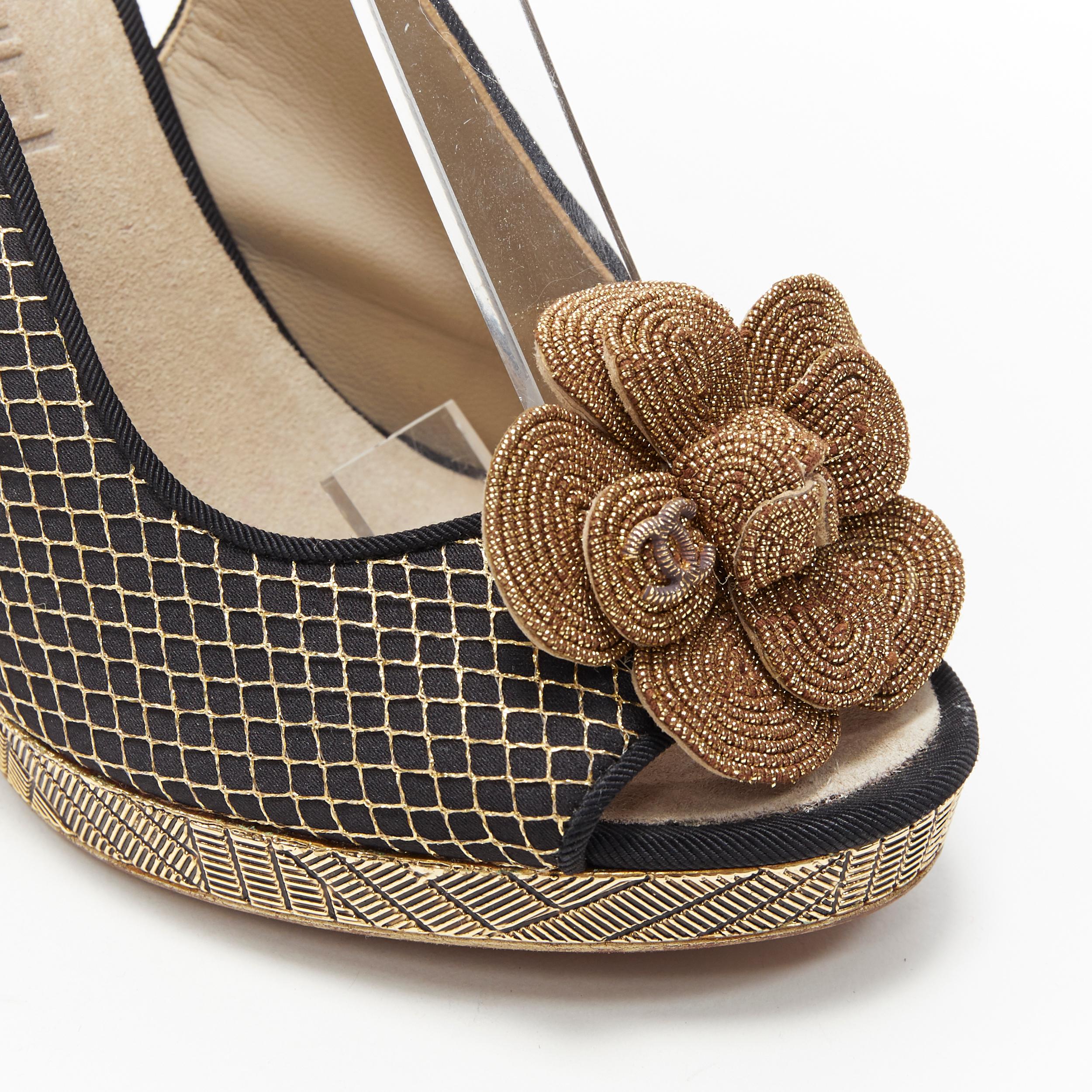 CHANEL metallic gold camellia CC diamond stitch gold chunky heel sling EU35.5 1