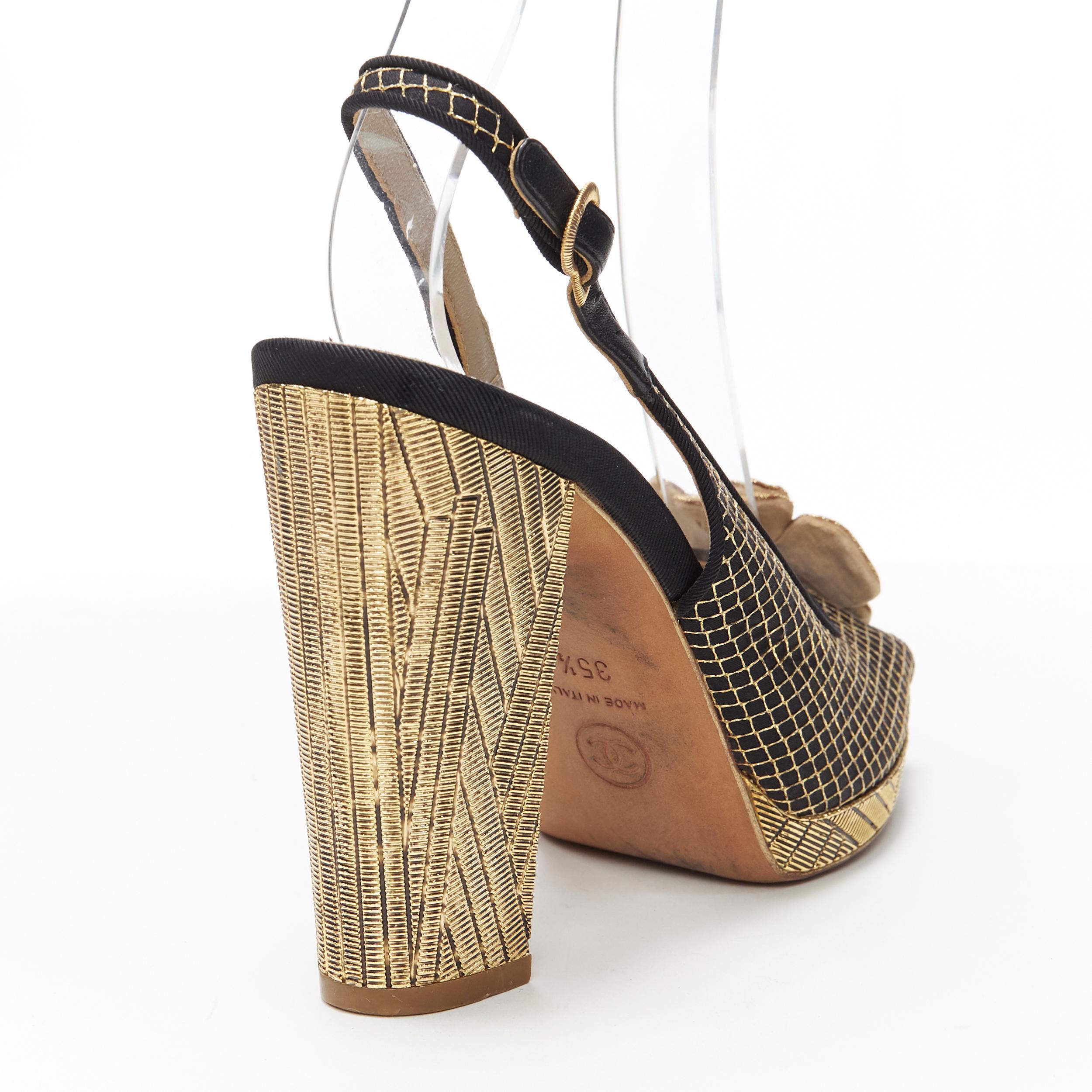 CHANEL metallic gold camellia CC diamond stitch gold chunky heel sling EU35.5 2