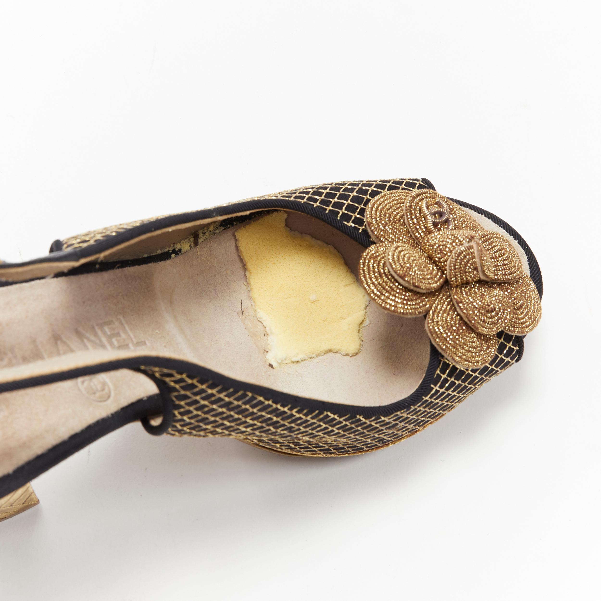 CHANEL metallic gold camellia CC diamond stitch gold chunky heel sling EU35.5 3