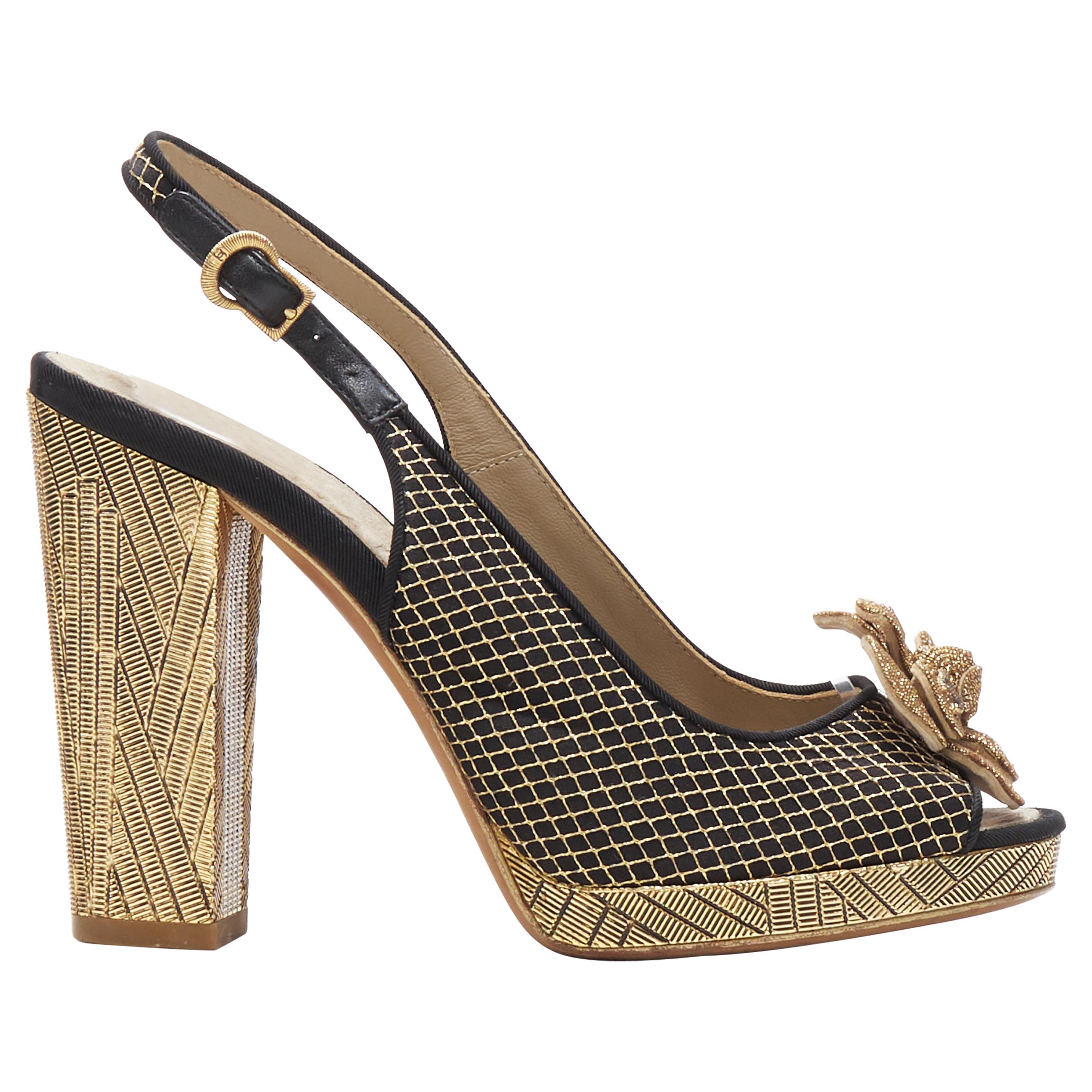 CHANEL metallic gold camellia CC diamond stitch gold chunky heel sling EU35.5